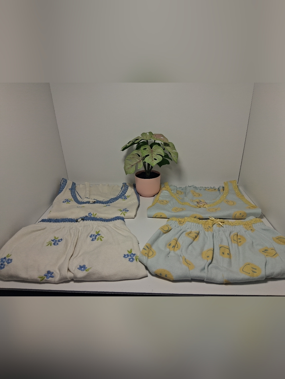 Messy Bun Just Chillin Two-Piece Floral and Smiley Face Pajama Sets Blue, Yellow